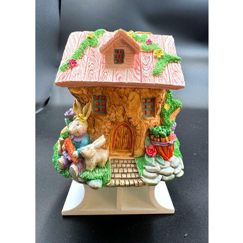 Easter Bunny Resin Tree House Cottage Figurine Pink Roof Spring Decor